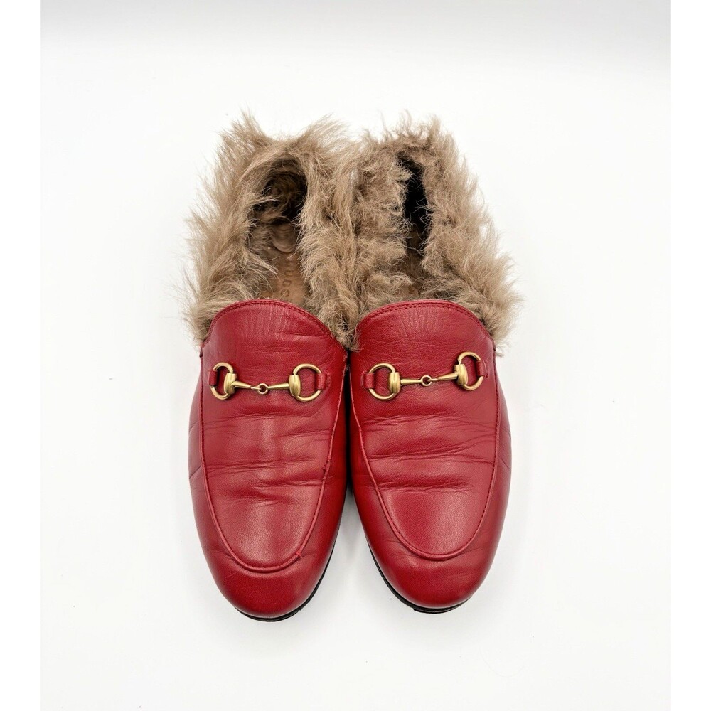 Gucci Red Leather Jordaan Loafers w/ Fur Shearling Trim & Gold Horse-bit EU 37 - Picture 3 of 10